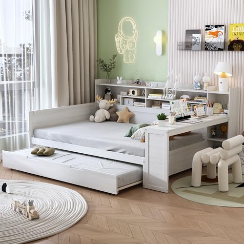 Bellemave Full Corner Bed Frame with Storage Shelves and Desk, Wood Full Size Daybed with Bookcase and Trundle,Full Daybed with Storage, Antique White