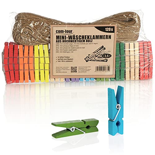 COM-FOUR® 120x Mini Pinces à Linge et 50 m de Corde de Jute - Petites Pinces en Bois colorées comme décoration pour Photos, collages, Cartes Postales (120...