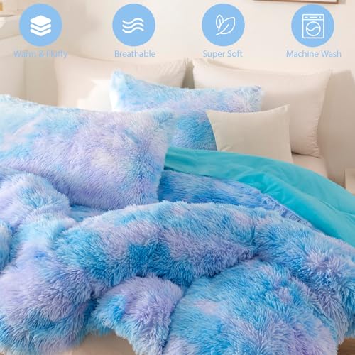 Image of Faux Fur Fluffy Comforter Set Queen Size 3 Pieces Blue Rainbow Bedding Set for Girls Tie Dye Furry Fuzzy Bed Comforter with Pillowcases(Blue, Queen)