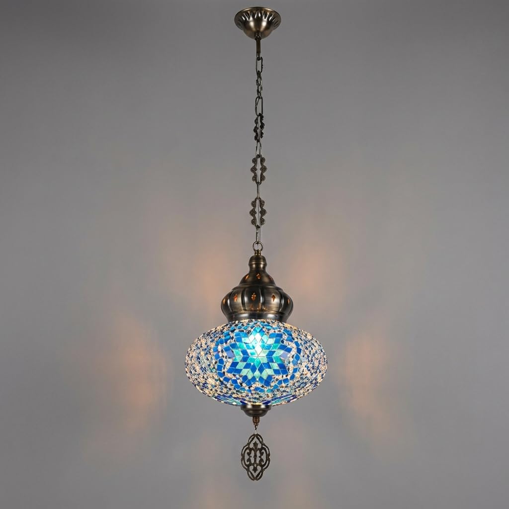 Vintage Blue Mosaic Pendant Ceiling Light with Adjustable Hanging, 3 Color LED Pendant Lamp, Metal Hanging Light for Living Room, Bedroom, Dining Table, Hall for Home Décor-image-40