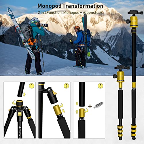 [Limited Edition] Geekoto 77'' Tripod-Camera Tripod For Dslr-Compact Aluminum Tripod With 360 Degree Ball Head Loads Up To 17.6Lbs For Travel And Work(Yellow) #TOP4