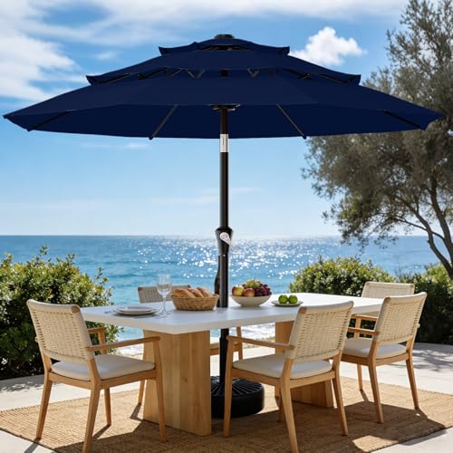 Image of AreShark 9ft 3-Tier Patio Umbrellas, Outdoor Umbrella with 8 Sturdy Ribs UV Protection Windproof, Market Table Umbrella w /Push Button Tilt & Crank for Pool, Porch, Deck, Garden(Navy)