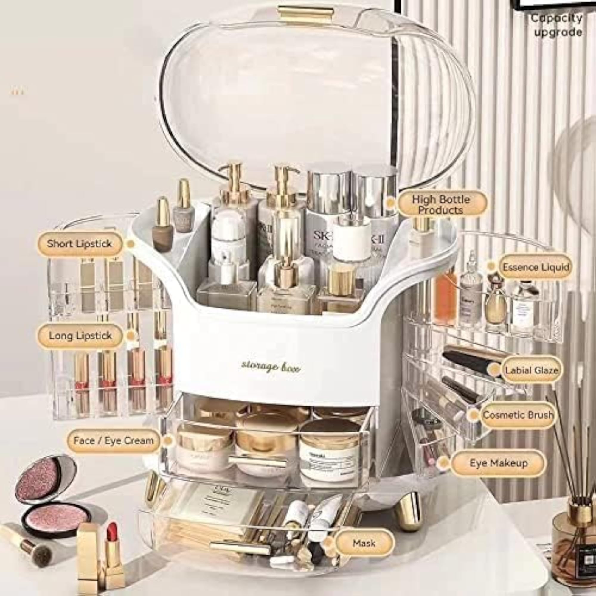 Dustproof Cosmetic Storage Box, Makeup Organizer for Vanity