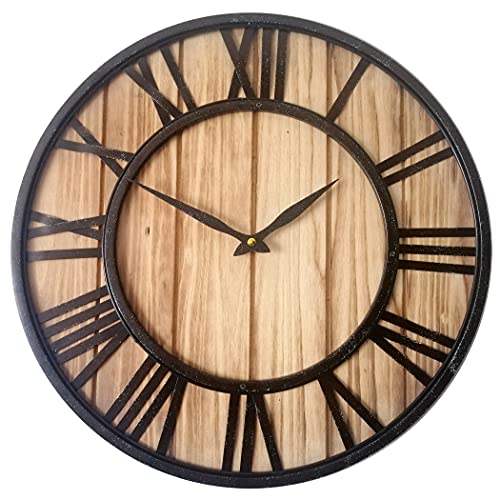 Evursua Large Farmhouse Wall Clocks Metal Frame&Natural Wood Art Distressed Old-Fashioned,18 Inch Rustic Wall Decorative Clock for Living Room,Office,Cafes,Bar (Burlywood, 18 Inch)