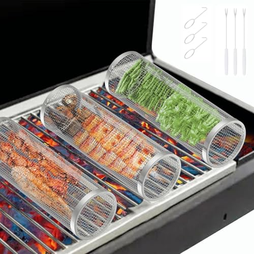 Rolling Grill Baskets for Outdoor Grill (3PCS), Secure Locking Cap, Round Stainless Steel Rotating Grilling Basket Roller Cylinder, BBQ Accessories for Outdoor Camping Cooking Vegetables Fish Shrimp