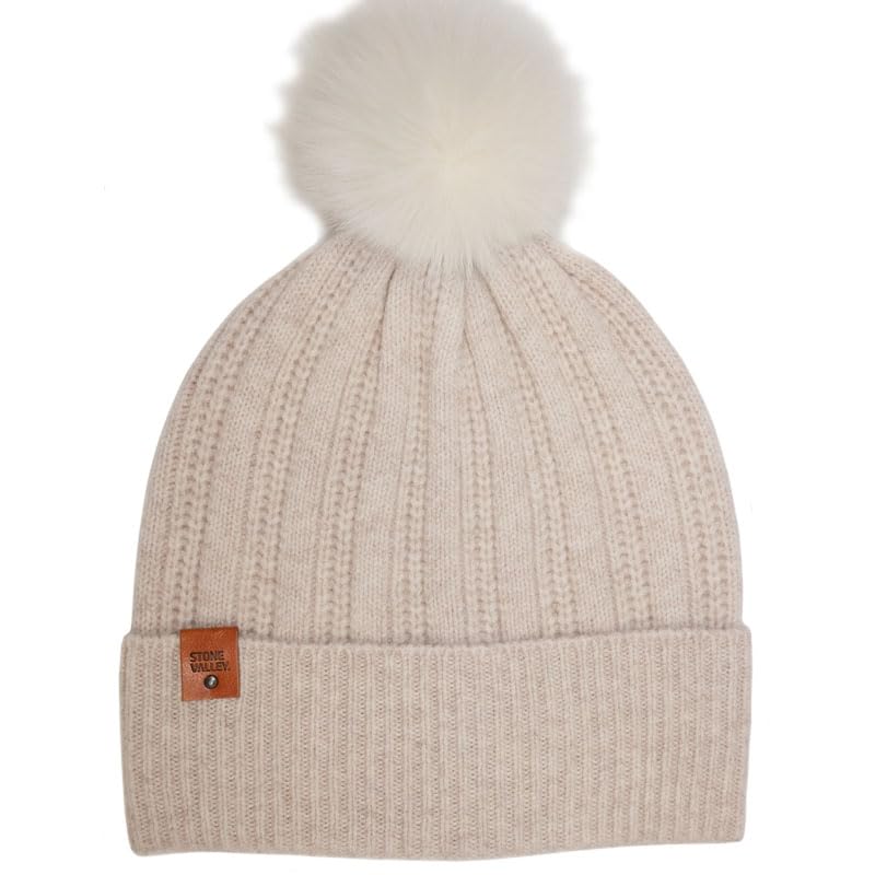 Stone Valley Czapka wełniana Merino w kolorze beżowym z pomponem
