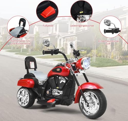 FANTASK 6V Elektro Motorrad Kinder 2,5-3 km/h, Geschwindigkeit KinderMotorrad mit verstellbaren Scheinwerfer Rot, Dreirad Elektromotorrad mit Sound, Hupe, Rückspiegel, Pedale – Bild 6