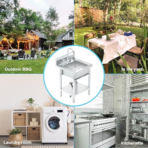 Image of Utility Sink Freestanding Single Bowl Laundry Sink with Hot and Cold Water Plumbing Stainless Steel Sink for Kitchen and Bathroom Farmhouse Style