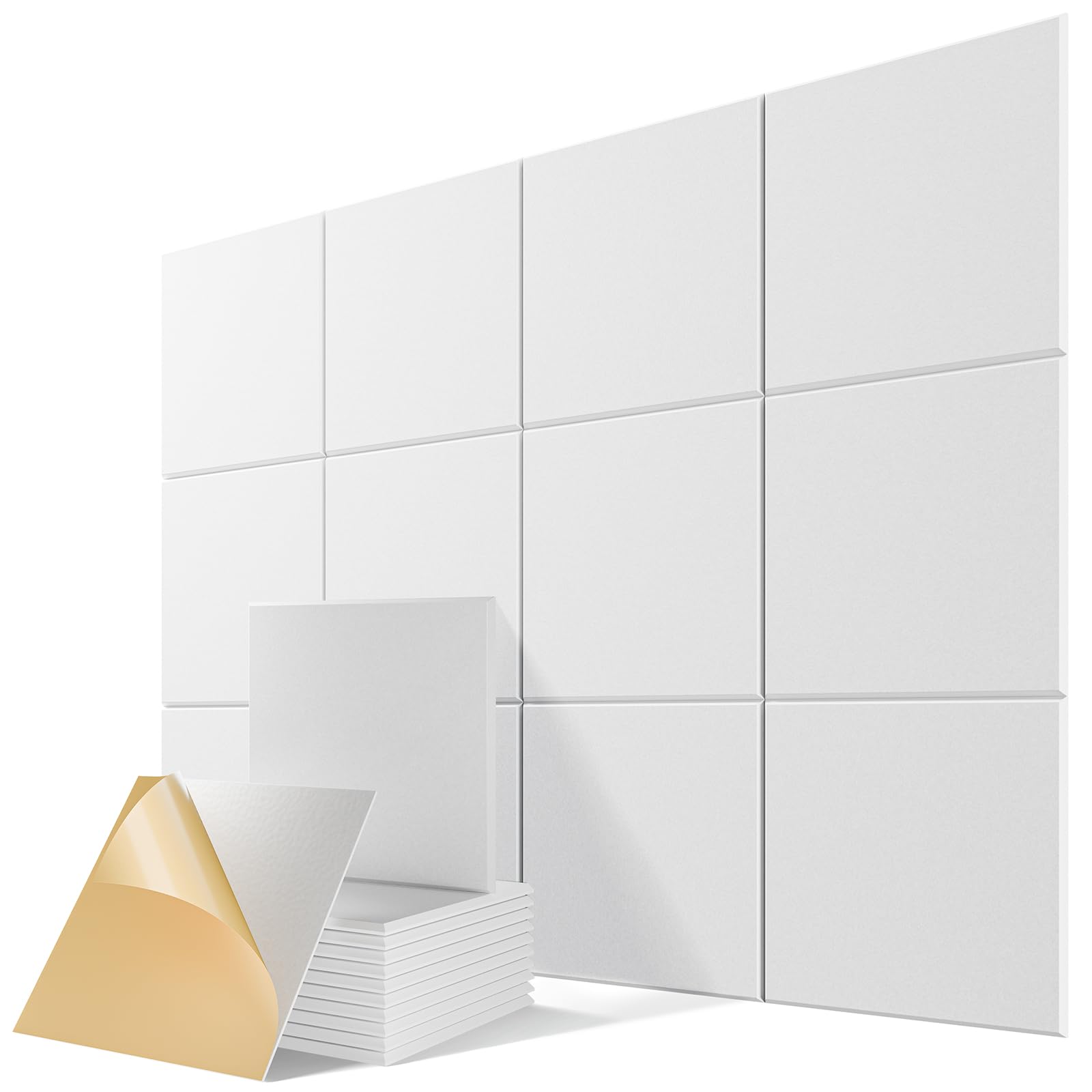 12 pack self-adhesive acoustic panels, 12" x 12" x 0.4" high-density polyester sound proof foam panels for walls, soundproof wall panels for home & office (white)