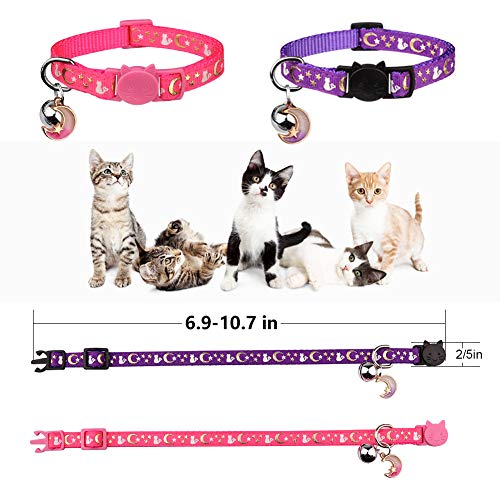 Image of 2PCS Breakaway Cat Collars with Bell Moons Stars Cute Kitty Adjustable Safe Kitten Collars with Pendant Glow in The Dark(Purple&Pink)