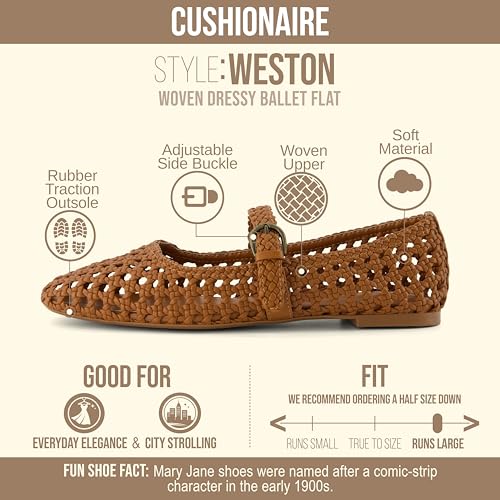 Image of CUSHIONAIRE Weston Hand Woven Mary Jane Flats for Women, Comfortable Dressy Ballet Flats with Braided Adjustable Buckle and Memory Foam Cushioning