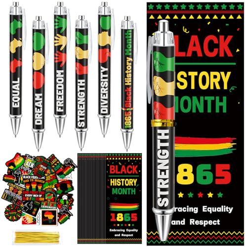 QAUYETM 24 Set Black History Month Pens Gifts Black History Month Office Classroom Reward Sets Bulk Inspirational Ink Pens Bookmarks and Stickers for African American Juneteenth Party Celebration