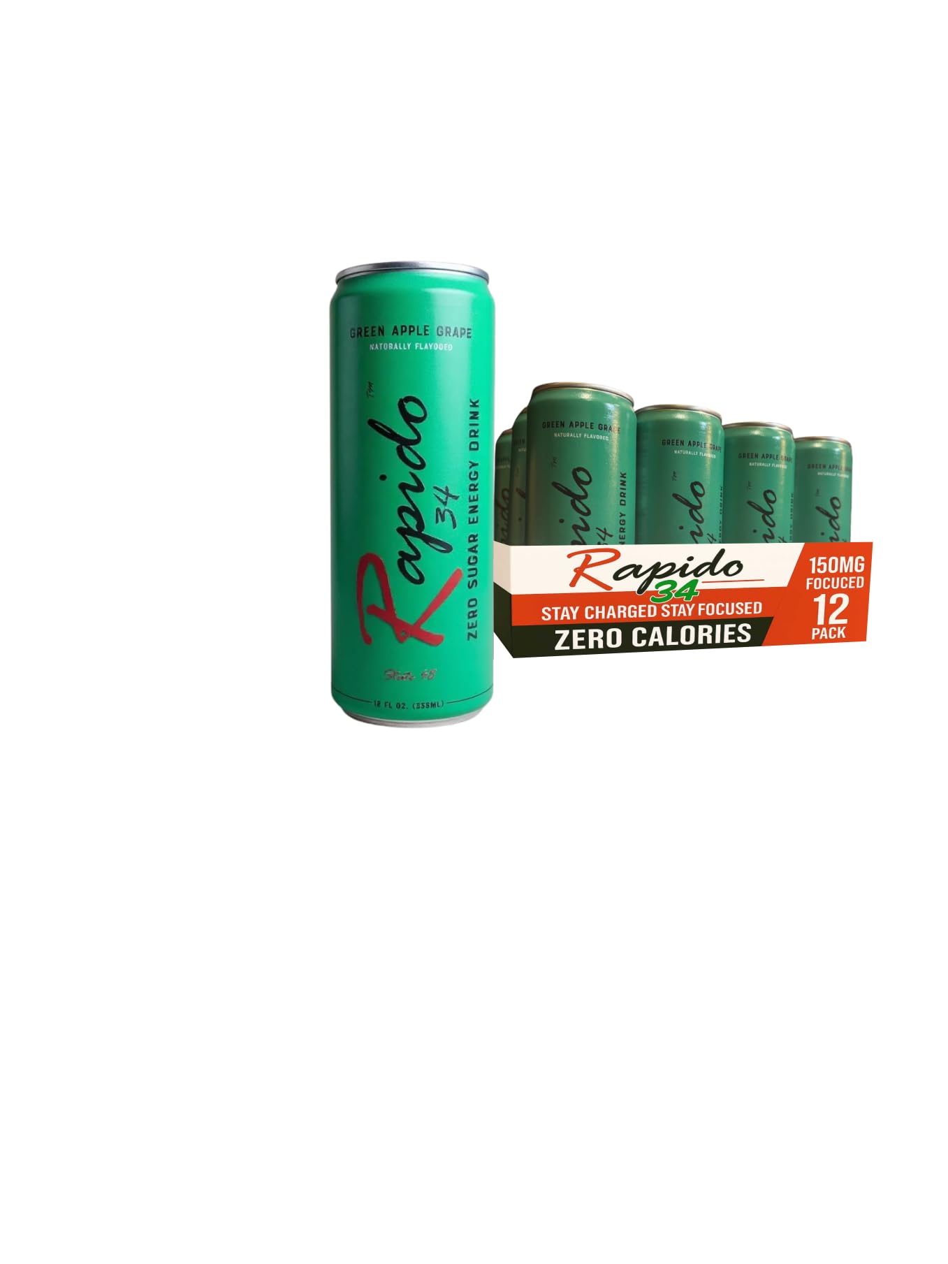 Rapido 34 Green Apple Grape Energy Drink, Zero Sugar, Zero Calories, 150mg Caffeine, 12-Pack