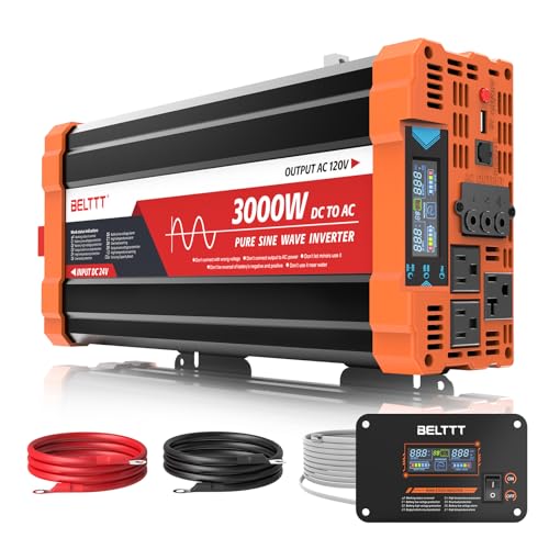 BELTTT 3000W 24V Inverter Pure Sine Wave Inverter Power Inverter for Truck RV Solar Off-Grid 24V DC to 110V/120V AC Dual AC and 20A Socket 5V 2.1A USB 23ft Remote Controller Surge 6000W