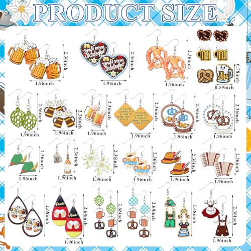 Nosiny 24 Pairs Wooden Oktoberfest German Salted Pretzel Earrings Beer Wine Mug Earrings for Women Funny German Oktoberfest Beer Festival Costumes Outfits Accessories for Women2