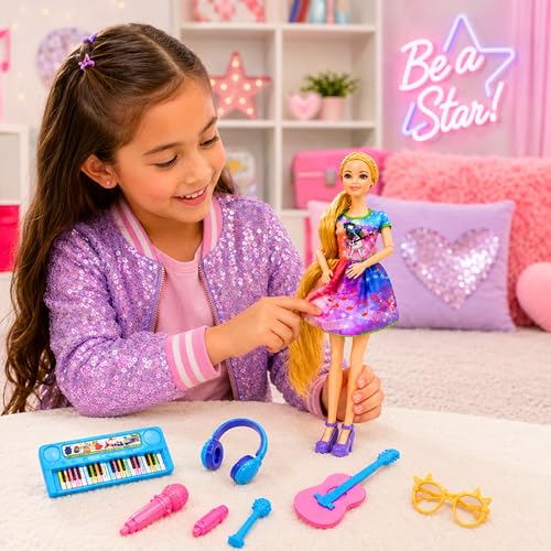 Image of Tickles Movable Pop Star Fashion Doll with Guitar, Microphone & Accessories | Music Superstar Role Play Toy Birthday Gift for Kids Girls (Ages: 3+ Years, Size: 30 cm)