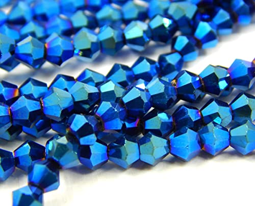 Perlin 90x Bohemian Crystal Pearls 4 mm Double Cone Czech Glass Cut Bicone Beads Metallic Blue, Klein - Image 4