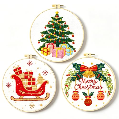 Image of Zhenqing Stamped Cross Stitch Kits for Adults Beginners, Christmas Cross Stitch Kit, 3 Pack Holiday Needlepoint Craft Set with Printed Pattern Fabric, Christmas Tree, Sleigh and Wreath Designs