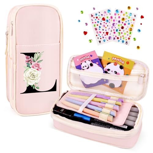 Image of Preppy Pencil Case for Girls, Cute Large Pencil Pouch, Personalized Initial Pencil Bag with Zipper for School College Office Supplies, Back to School Supplies Gifts for Teen Girls (L, Pink)