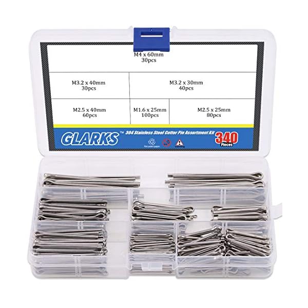 Glarks 340 Teile 6 Größen 304 Edelstahl Splinte Pin Clip Key Fastner Fitting Sortiment Kit für Automotive, Mechaniker…