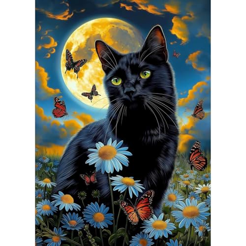 Image of HEIBAGO Black Cat Diamond Art Kits for Adults, Animal Diamond Painting Kits for Adults Beginners, 5D Full Drill Round Moon Diamond Art Painting, DIY Diamond Dots for Adult for Home Wall Decor 12x16 In