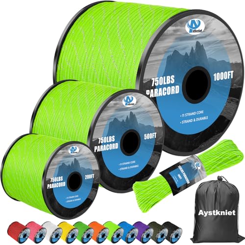 750Ib Reflective Paracord Rope,100', 4mm 11 Strand Parachute Spool Cord with Collecting Bag, para Cord Lanyard for Hammock, Camping, Hiking