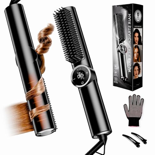 JolinKoin Hair Straightener Brush: Ionic Hair Straighteners for Women with 15 Temps, Straightening Brush Fast Heating with LED Display & Dual Voltage, Dark Black