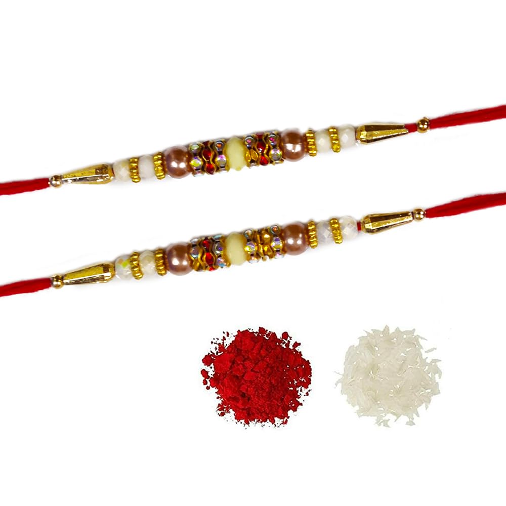 DMS RETAIL Multicolor Pearl Beads Woollen Thread Mauli Dhaga Rakhi for Brothers For Rakshabandhan Set Of 2 With Greeting Card And Roli Chawal (Pattern50) (B0C7BHHBZB) Amazon Price History, Amazon Price Tracker