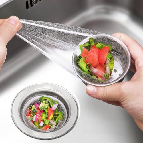 300 Pack Kitchen Sink Strainer Mesh Bags Anti-Clogging Disposable Sink Drain Covers that Trap Food Scraps Leftovers Hair & Debris. Ultra-Fine Sink Filter Nets Fit Most Sink Strainers.