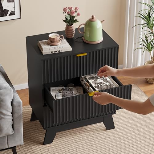 Image of Fluted Nightstand Sets of 2 with 3 Large Drawers, Wooden Side End Table with Elevated Legs for Easy Cleaning, Sturdy Modern Beside Table for Small Space, Bedroom, Black, 24 inch L