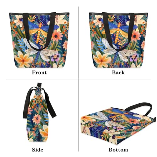 Canvas Tote Bag for Women Large Tote Bag with Zipper & Pockets Canvas Beach Bag Florals Dragonfly Shoulder Bag Reusable Shopping Bags Cute Tote Bags for Work Travel3