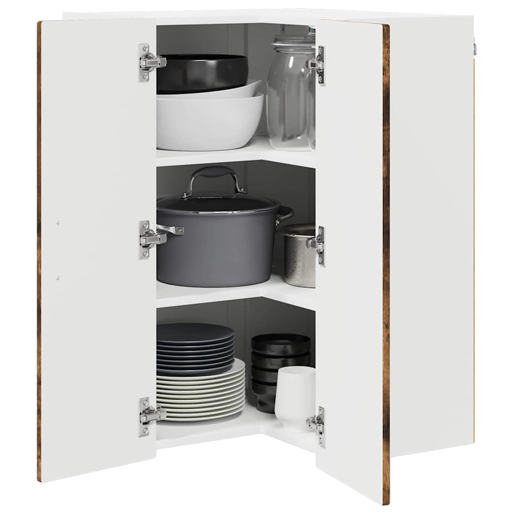 Armario esquinero Porto de pared de roble ahumado, 57 x 57 x 80 cm, 2 puertas, 3 estantes, armario colgante, armario de cocina, armario de almacenamiento