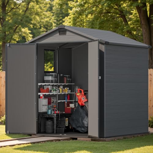Image of Patiowell Outdoor Plastic Storage Shed 6x6 FT, Resin Shed for Garden | Heavy Floor, Lockable Door, Built-In Window, Weather-Resistant Design, Easy Assembly, Ideal for Garden Tools, Bikes