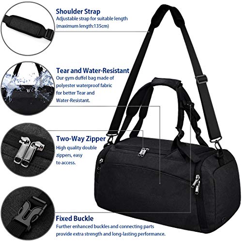 Gym Duffle Bag Waterproof Travel Weekender Bag for Men Women Duffel Bag Backpack with Shoes Compartment Overnight Bag 40L (Black)