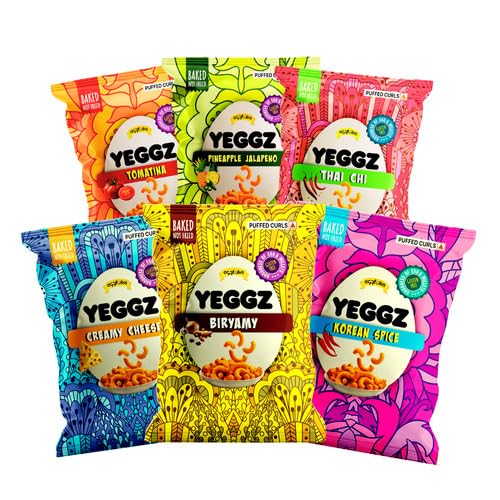 YEGGZ T20 Mania Puffed Curls – Pack of 6 | Crispy Baked Snacks | Korean Spice, Creamy Cheese, Biryamy, Tomatina, Pineapple Jalapeno & Thai Chi 1