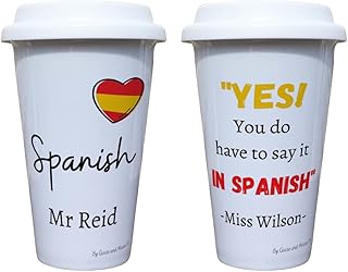 Spanish Teacher Travel Mug Personalised - Gift for Spain Lover - Personalised Foreign Language Student Thermal Ceramic Insulated Travel Mug (Say it in spanish)