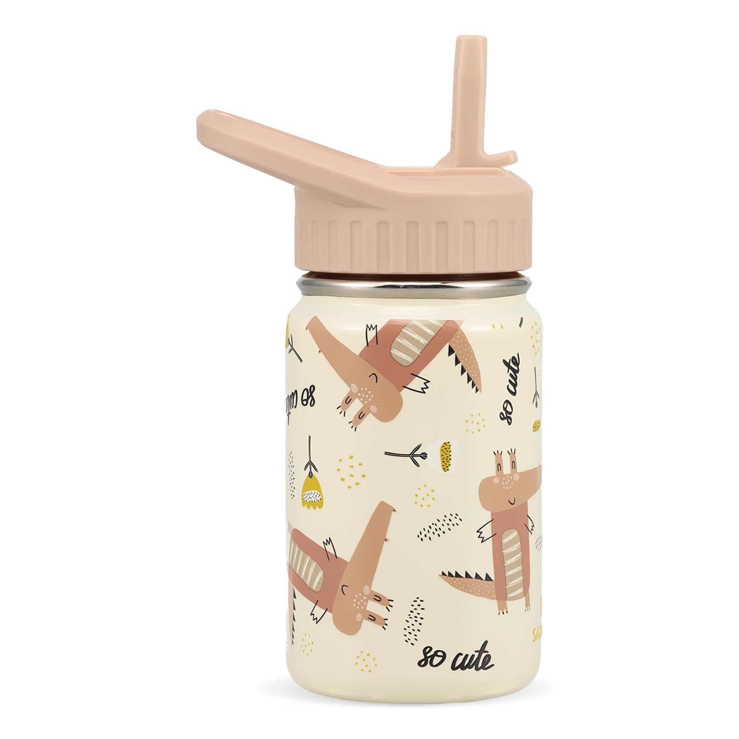 SANTECO Borraccia Bambini Acciaio Inox, Bottiglia Termica a Prova di Perdite con Cannuccia, Termos 350 ml, Senza BPA, Coccodrillo