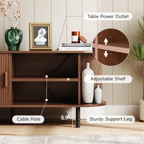 Image of ONBRILL 55 inch TV Stand with Power Outlet for TVs up to 60 Inch, Entertainment Center with Storage and Adjustable Shelves, Modern Media Console with Sliding Doors for Living Room, Walnut