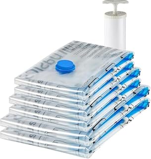 Amazon Basics Sacchetti sottovuoto con pompa a mano, Cerniera, confezione da 6 (2 jumbo, 2 grandi, 2 medi) Molteplici, Trasparente