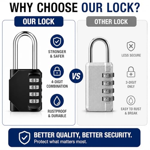 Image of 4 Digit Long Shackle Combination Padlock, Heavy Duty Resettable Lock, Waterproof Zinc Alloy Body, Hardened Steel Shackle, Secure for Gates, Lockers, Storage Units, Sheds, Toolboxes & Luggage