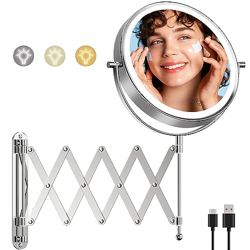 Rechargeable Wall Mounted Lighted Makeup Mirror, 1X/10X Magnifying