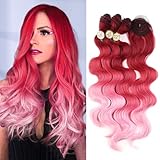 HANNE Ombre Pink Body Wave Hair Extensions 18'20'22' with Closure 3 Bundles with Lace Closure Synthetic Hair Bundles for Women