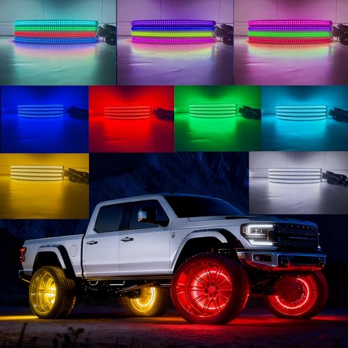 Image of Ultra-Bright 4PCS 17 inch Double Row RGB+ White Wheel Lights for Truck Car,APP & RF 4-Zone Control Wheel Weel Ring Rim Lighting kit with Music Sync Dynamic Modes,Brake & Courtesy Function,2592 LEDs