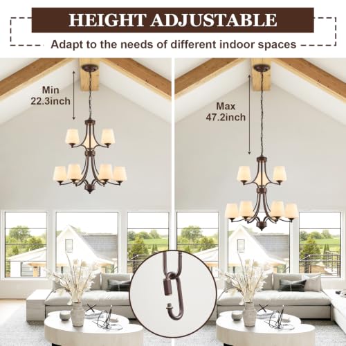 Image of 2 Tier Oil Rubbed Bronze Chandeliers 9 Light Large Modern Farmhouse Chandeliers for Dining Room Lights Fixture with Frosted Glass 47 inch Retro Chandeliers for Living Room Staircase, Height Adjustable