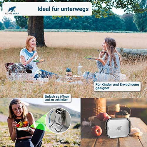 HOMEBEAR® Edelstahl Brotdose | Lunchbox 1200 ml | Set mit Box für Dips | Verschiebbare Trennwand | Auslaufsicher und Plastikfrei | Brotbox Jausenbox