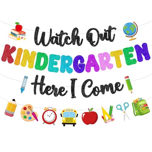 Watch Out Kindergarten Here I Come Banner Glitter Happy First Day of School Sign Back to School Supplies 1st Day of Kindergarten Garland Decorations Welcome to Preschool Classroom Decor Party Backdrop