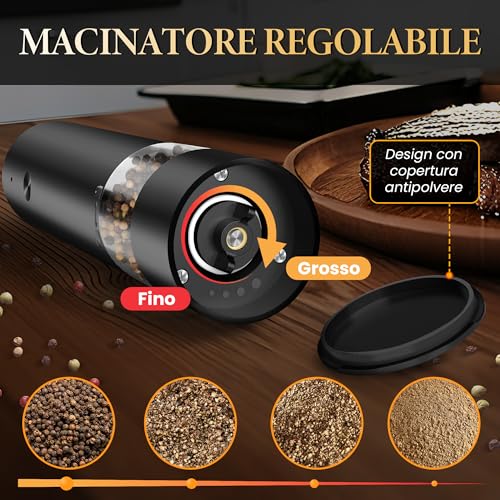 Set Macina Sale e Pepe Elettrico, Macinasale e Pepe Elettrico con Ricaricabile USB, Funzionamento con Una Sola Mano, Rugosità Regolabile, Macina Sale e Pepe con Copertura Antipolvere e Base (2PCS) - immagine 5