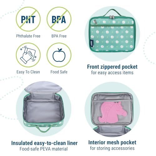 Image of Wildkin Insulated Lunch Box for Kids, Daisy | 9.75 x 7 x 3.25 in insulated lunch box with roomy main compartment, front zip pocket and interior mesh pocket.