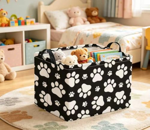 Image of Rectangular Baby Kids Storage Basket for Home Kitchen Girls Cute Toy Storage Bin Organizer Shelf Book Room Decor(Black Paw)