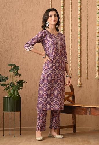 Image of Amazon Brand - Tavasya Women Cotton Anarkali Kurta Pant Dupatta Set | Printed Ethnic Suit Set | Flared Anarkali Kurta with Pant & Dupatta | Festive & Casual Wear